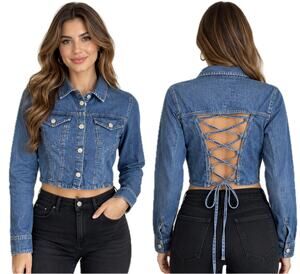 Cropped Denim Jacket Lace Up Corset Back Jean Jacket NEW Lone Star Womens L Blue